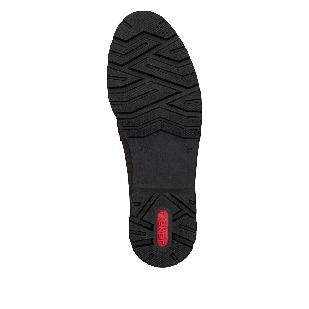 Rieker 45553-25 women's dark brown elasticated shoes, sole and tread view.