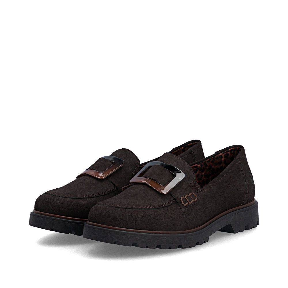 Rieker 45553-25 women's dark brown elasticated shoes, paired three-quarter view.