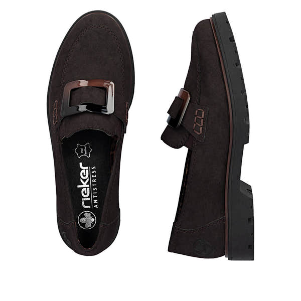 Rieker 45553-25 women's dark brown elasticated shoes, two-angle product view.