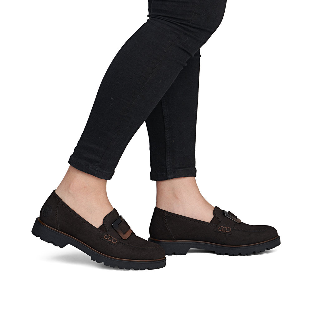 Rieker 45553-25 women's dark brown elasticated shoes, on-foot lifestyle view.