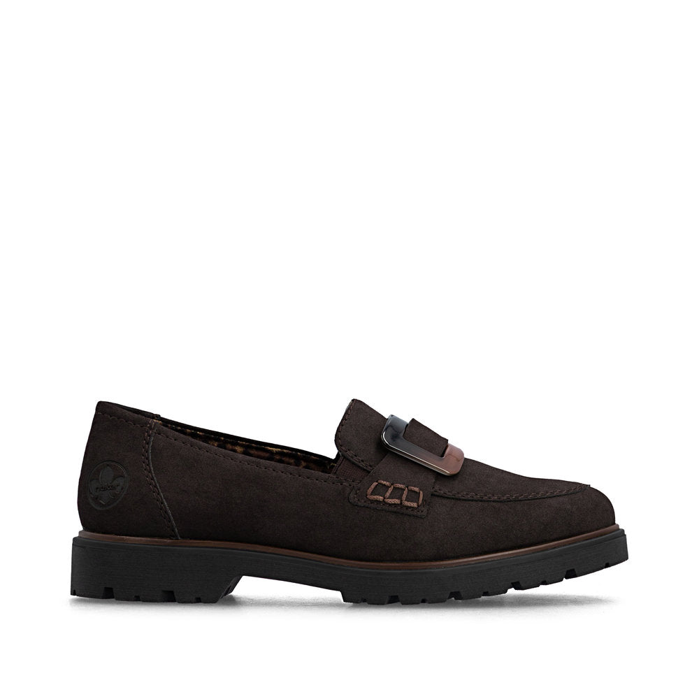 Rieker 45553-25 women's dark brown elasticated shoes, opposite side view.