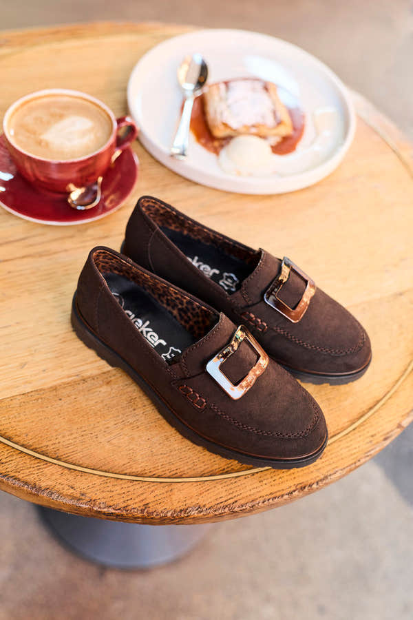 Rieker 45553-25 women's dark brown elasticated shoes, lifestyle view 9 of 27.