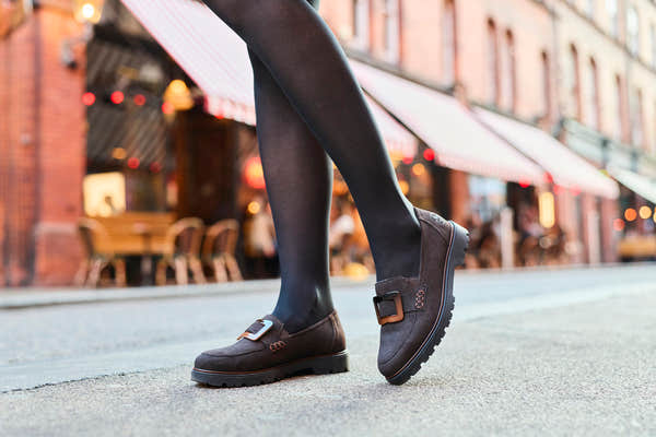 Rieker 45553-25 women's dark brown elasticated shoes, lifestyle view 20 of 27.