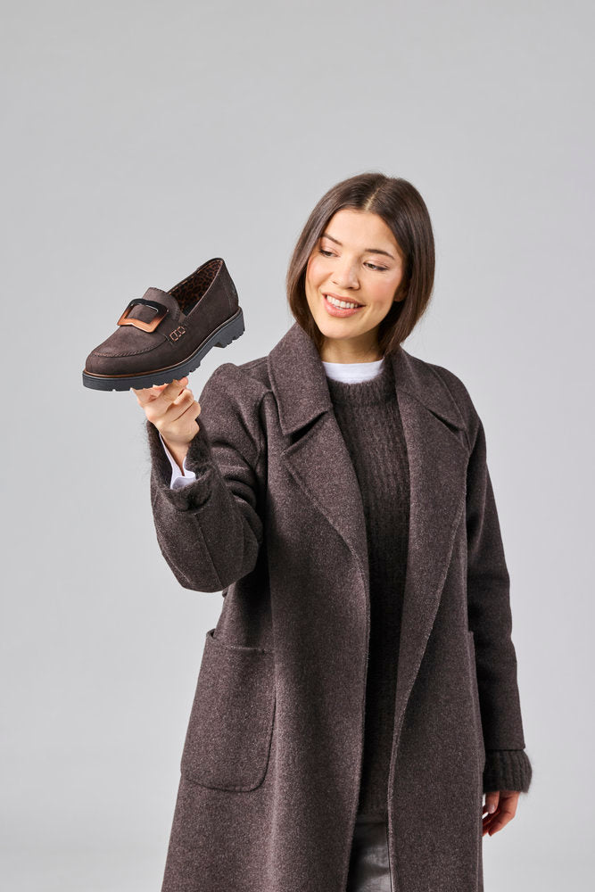 Rieker 45553-25 women's dark brown elasticated shoes, lifestyle view 3 of 27.
