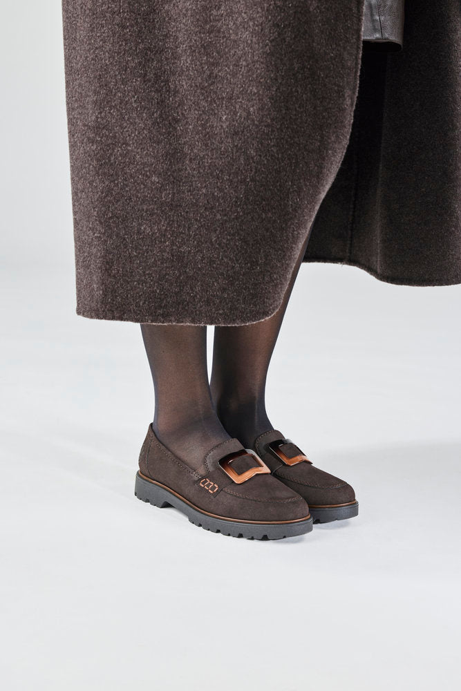 Rieker 45553-25 women's dark brown elasticated shoes, lifestyle view 5 of 27.