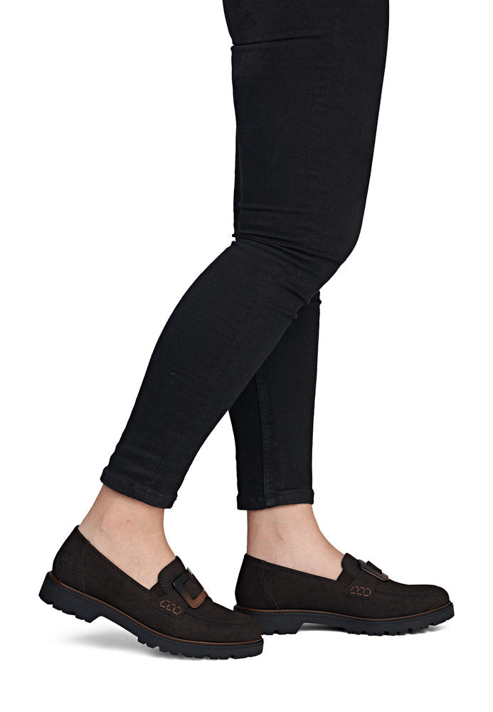 Rieker 45553-25 women's dark brown elasticated shoes, on-foot lifestyle view.