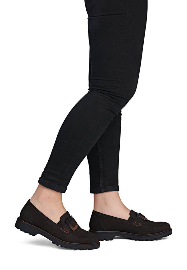 Rieker 45553-25 women's dark brown elasticated shoes, on-foot lifestyle view.