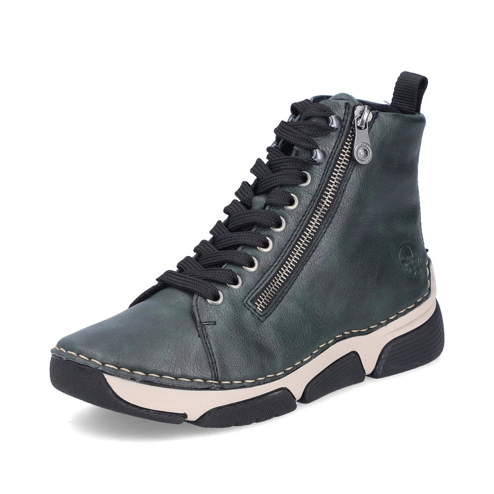 Rieker 45920-54 women's green zip & lace ankle boots, front three-quarter view.