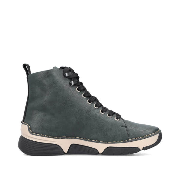 Rieker 45920-54 women's green zip & lace ankle boots, outer side view.