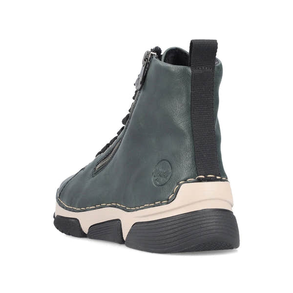 Rieker 45920-54 women's green zip & lace ankle boots, rear three-quarter view.