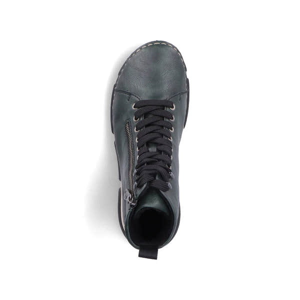 Rieker 45920-54 women's green zip & lace ankle boots, top view.