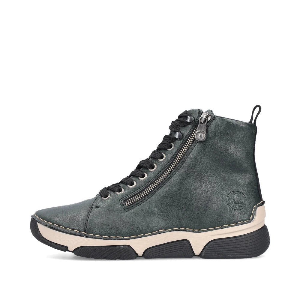 Rieker 45920-54 women's green zip & lace ankle boots, inner side view.