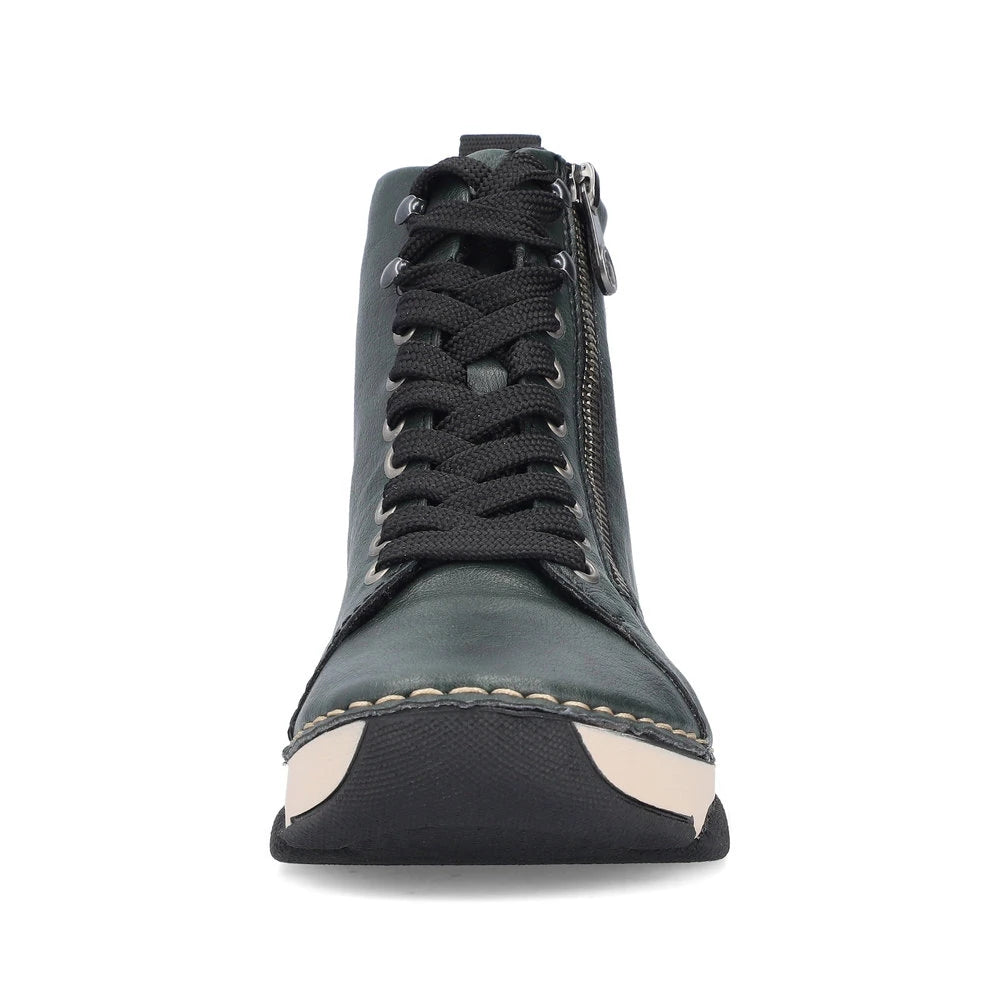 Rieker 45920-54 women's green zip & lace ankle boots, front view.