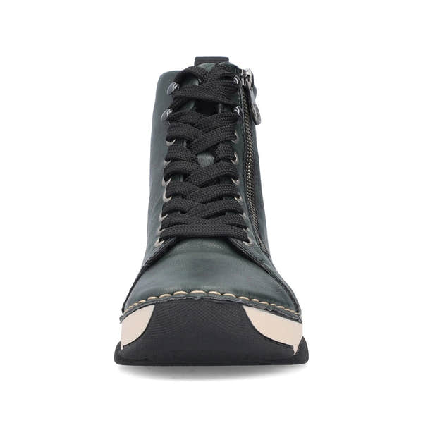 Rieker 45920-54 women's green zip & lace ankle boots, front view.
