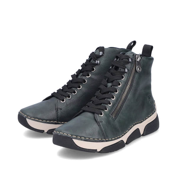 Rieker 45920-54 women's green zip & lace ankle boots, paired three-quarter view.