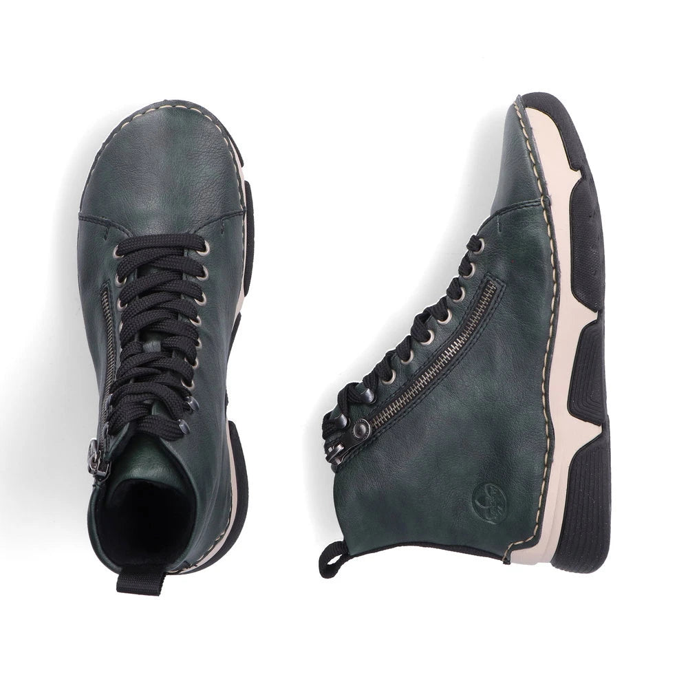Rieker 45920-54 women's green zip & lace ankle boots, two-angle product view.