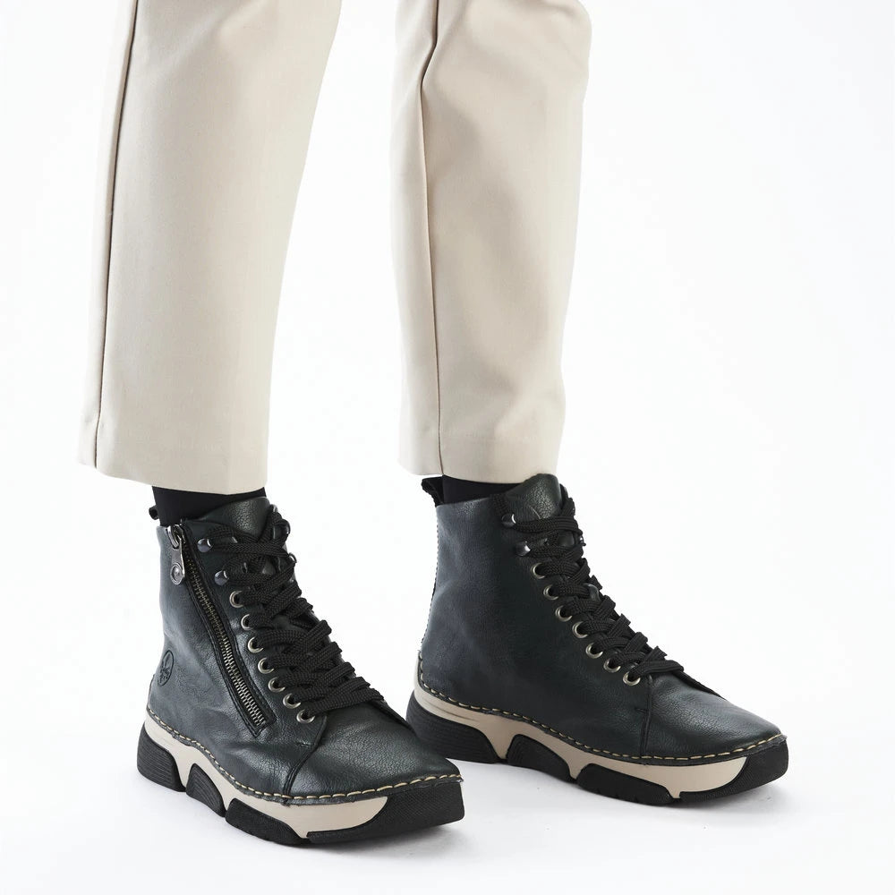 Rieker 45920-54 women's green zip & lace ankle boots, on-foot lifestyle view.