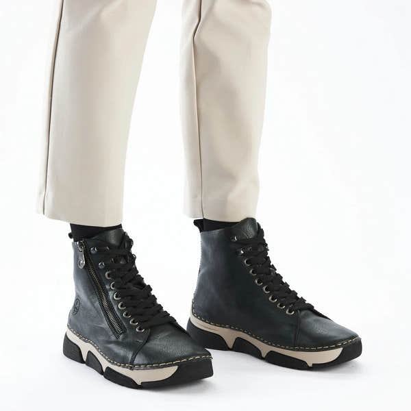 Rieker 45920-54 women's green zip & lace ankle boots, on-foot lifestyle view.