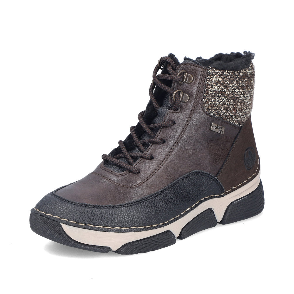 Rieker 45956-25 women's multi water resistant zip & lace ankle boots, front three-quarter view.