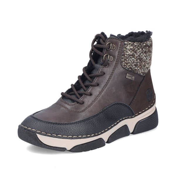 Rieker 45956-25 women's multi water resistant zip & lace ankle boots, front three-quarter view.