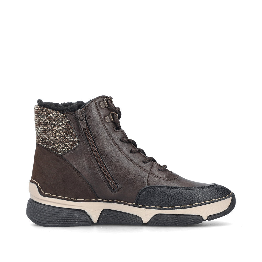 Rieker 45956-25 women's multi water resistant zip & lace ankle boots, outer side view.