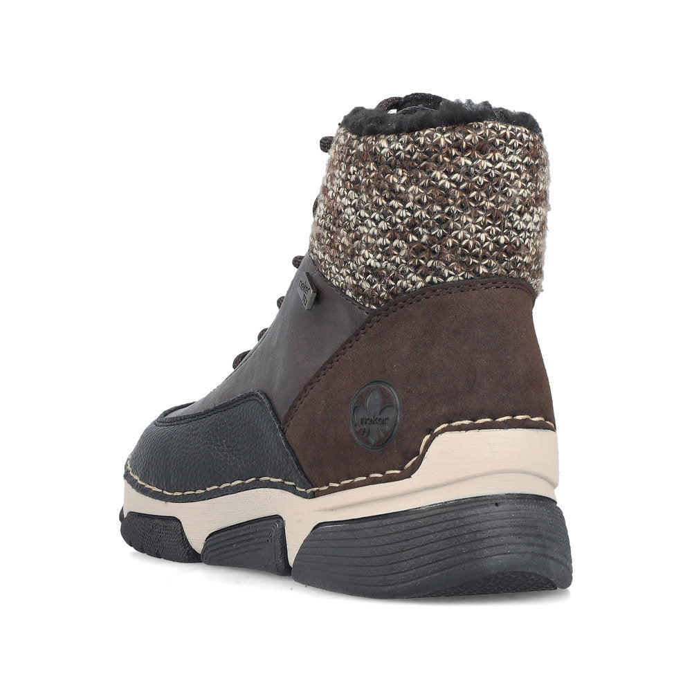 Rieker 45956-25 women's multi water resistant zip & lace ankle boots, rear three-quarter view.