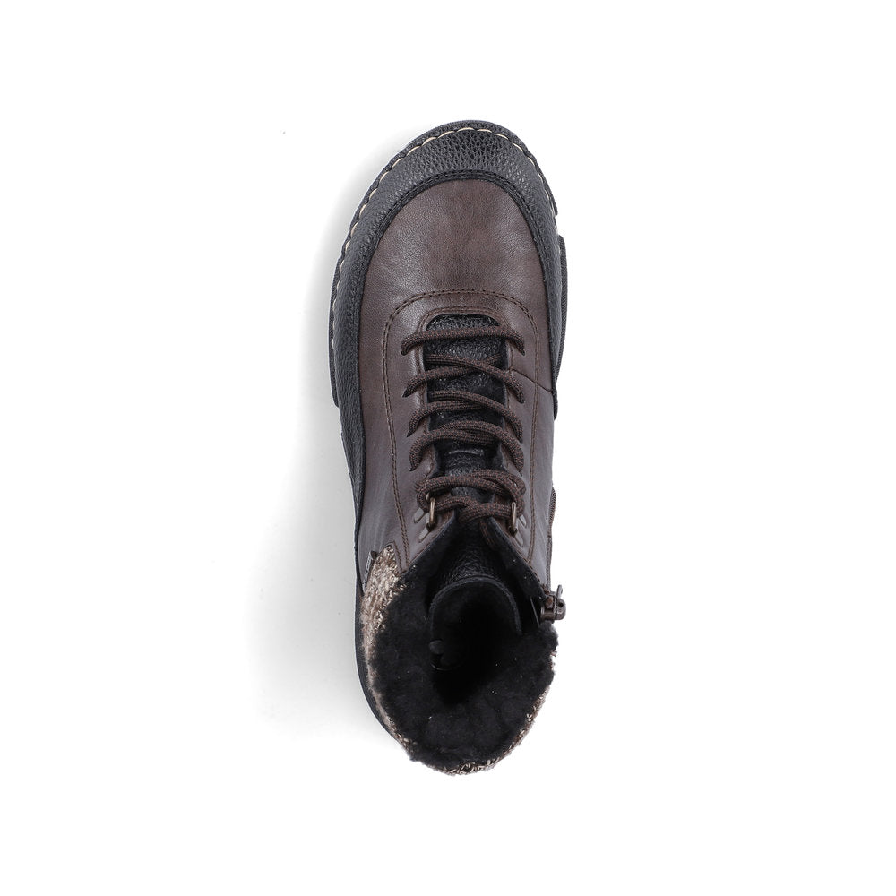Rieker 45956-25 women's multi water resistant zip & lace ankle boots, top view.