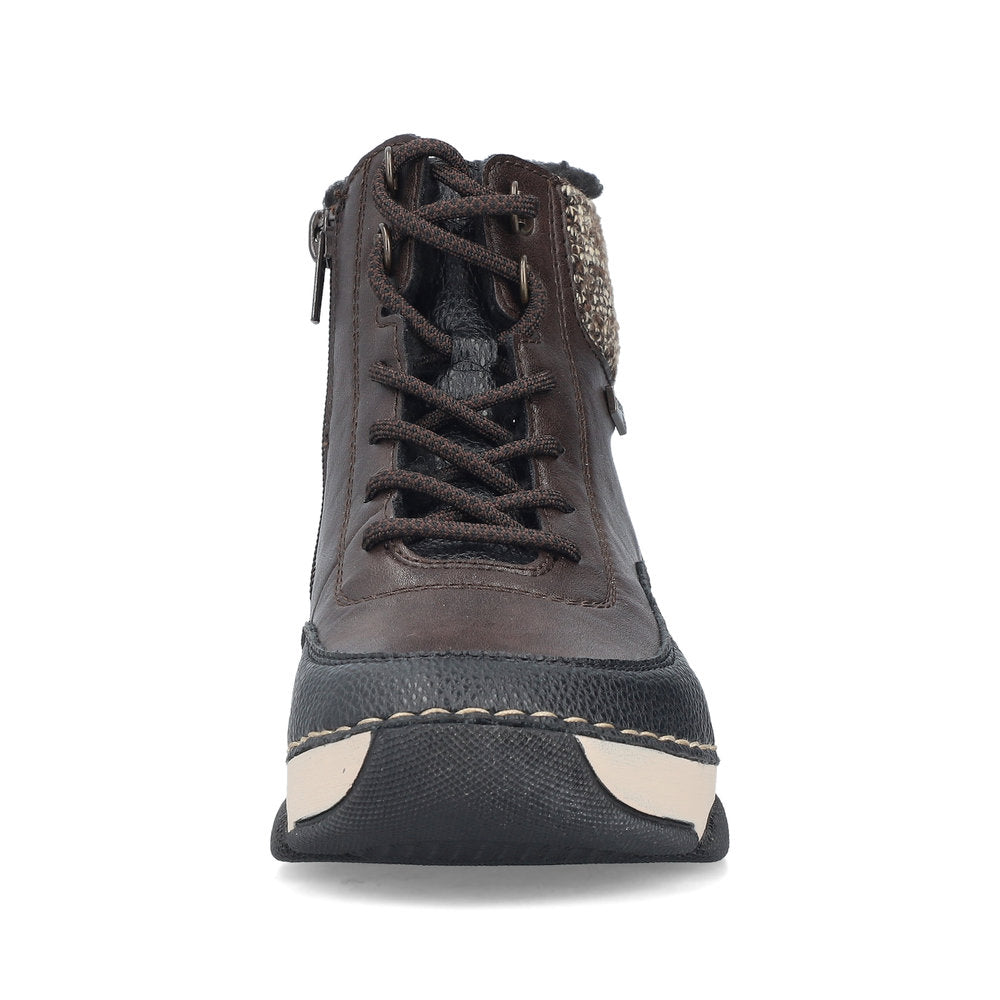 Rieker 45956-25 women's multi water resistant zip & lace ankle boots, front view.