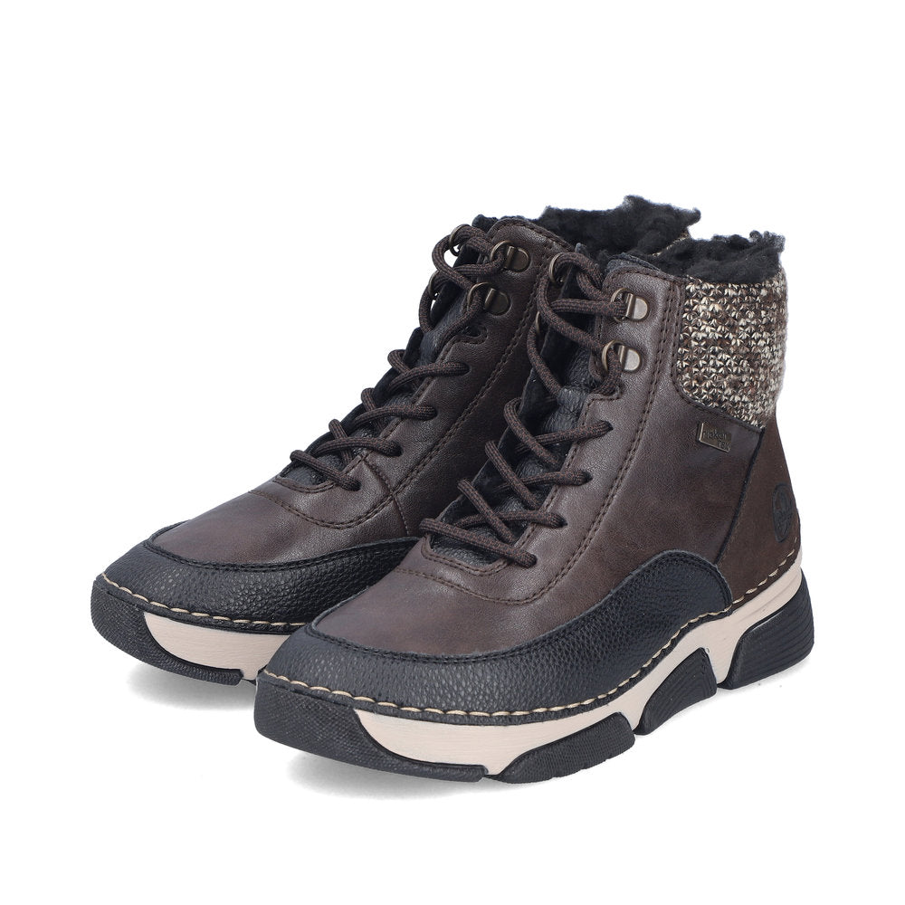 Rieker 45956-25 women's multi water resistant zip & lace ankle boots, paired three-quarter view.