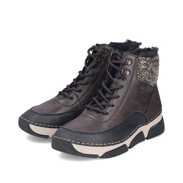 Rieker 45956-25 women's multi water resistant zip & lace ankle boots, paired three-quarter view.