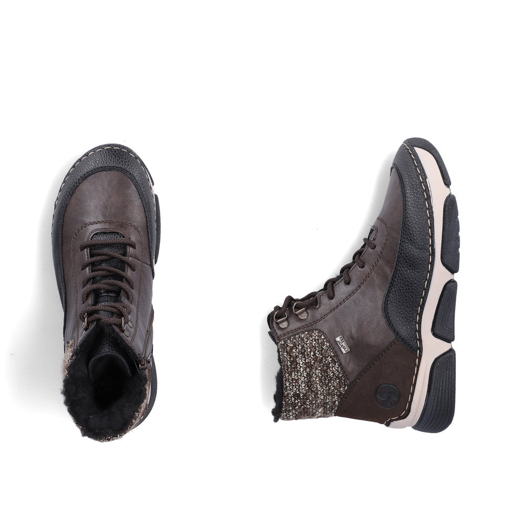 Rieker 45956-25 women's multi water resistant zip & lace ankle boots, two-angle product view.