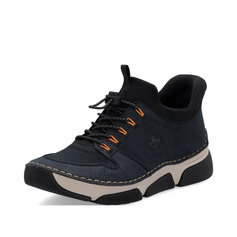 Rieker 45963-14 Ready2Go Ladies Blue Elasticated Shoes, front three-quarter view.