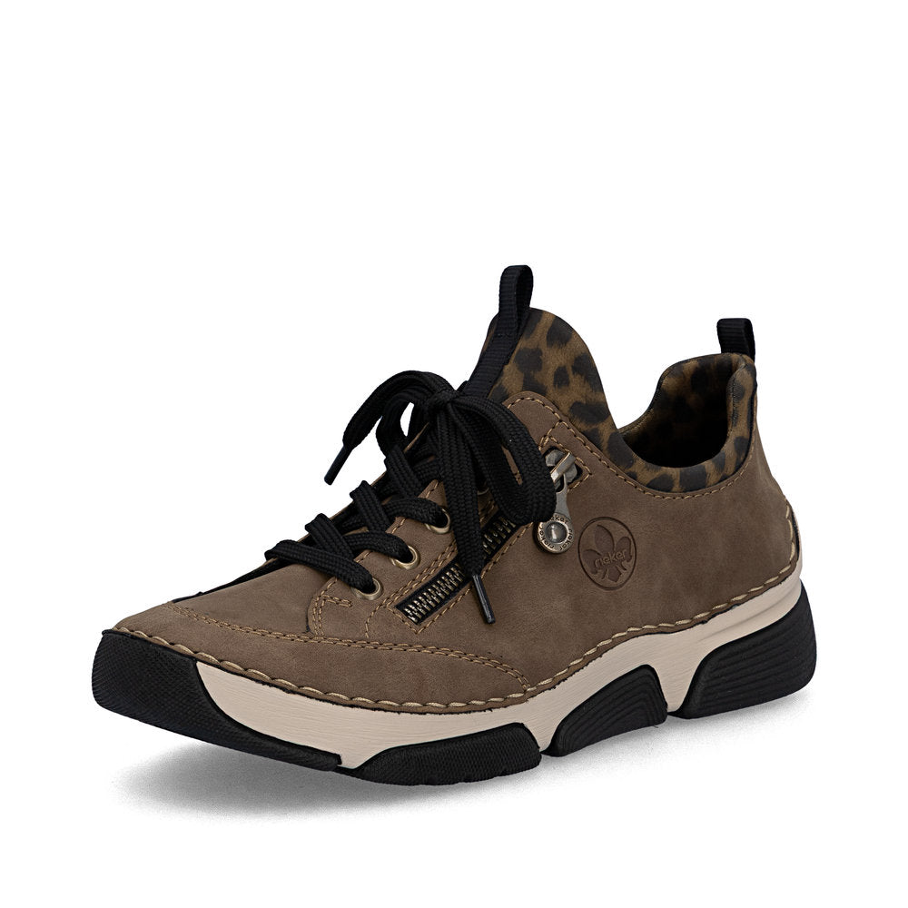 Rieker 45973-24 women's brown elasticated shoes, front three-quarter view.