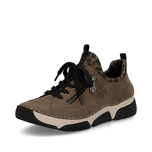Rieker 45973-24 women's brown elasticated shoes, front three-quarter view.