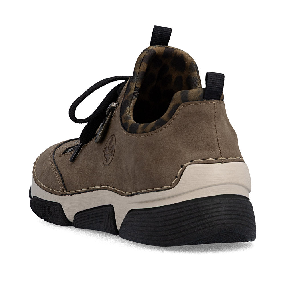 Rieker 45973-24 women's brown elasticated shoes, rear three-quarter view.