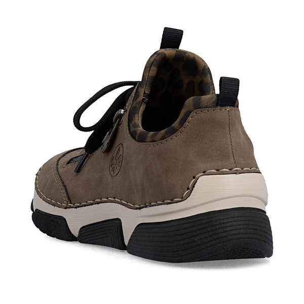 Rieker 45973-24 women's brown elasticated shoes, rear three-quarter view.