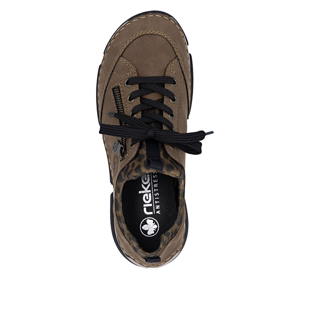 Rieker 45973-24 women's brown elasticated shoes, top view.