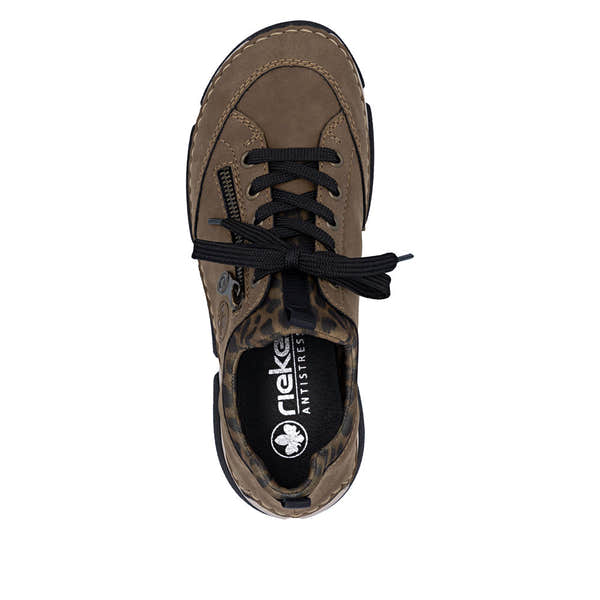 Rieker 45973-24 women's brown elasticated shoes, top view.
