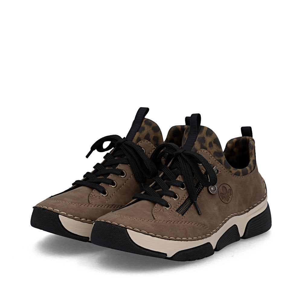 Rieker 45973-24 women's brown elasticated shoes, paired three-quarter view.