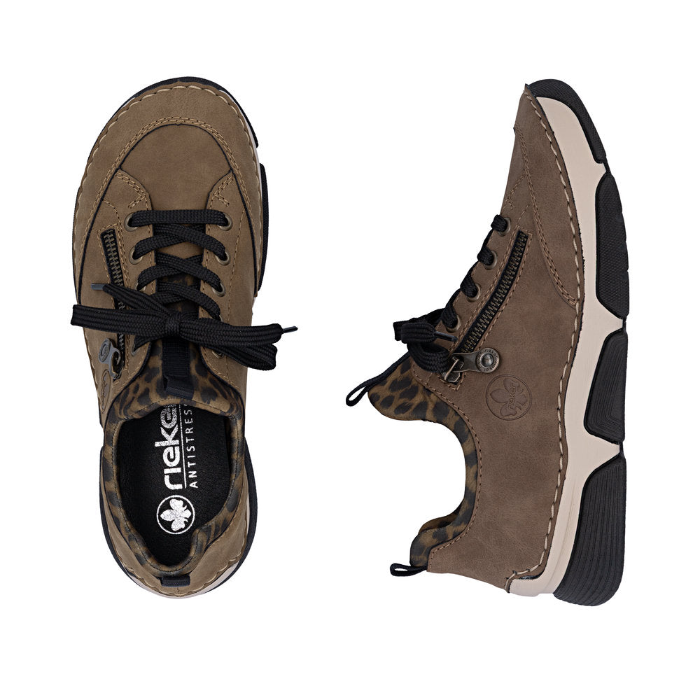 Rieker 45973-24 women's brown elasticated shoes, two-angle product view.