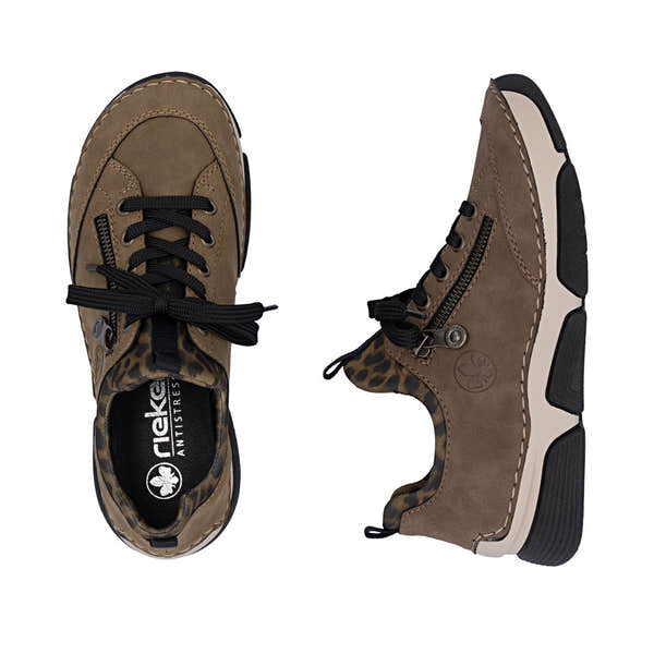 Rieker 45973-24 women's brown elasticated shoes, two-angle product view.