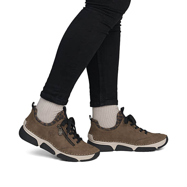 Rieker 45973-24 women's brown elasticated shoes, on-foot lifestyle view.
