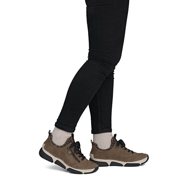 Rieker 45973-24 women's brown elasticated shoes, on-foot lifestyle view.