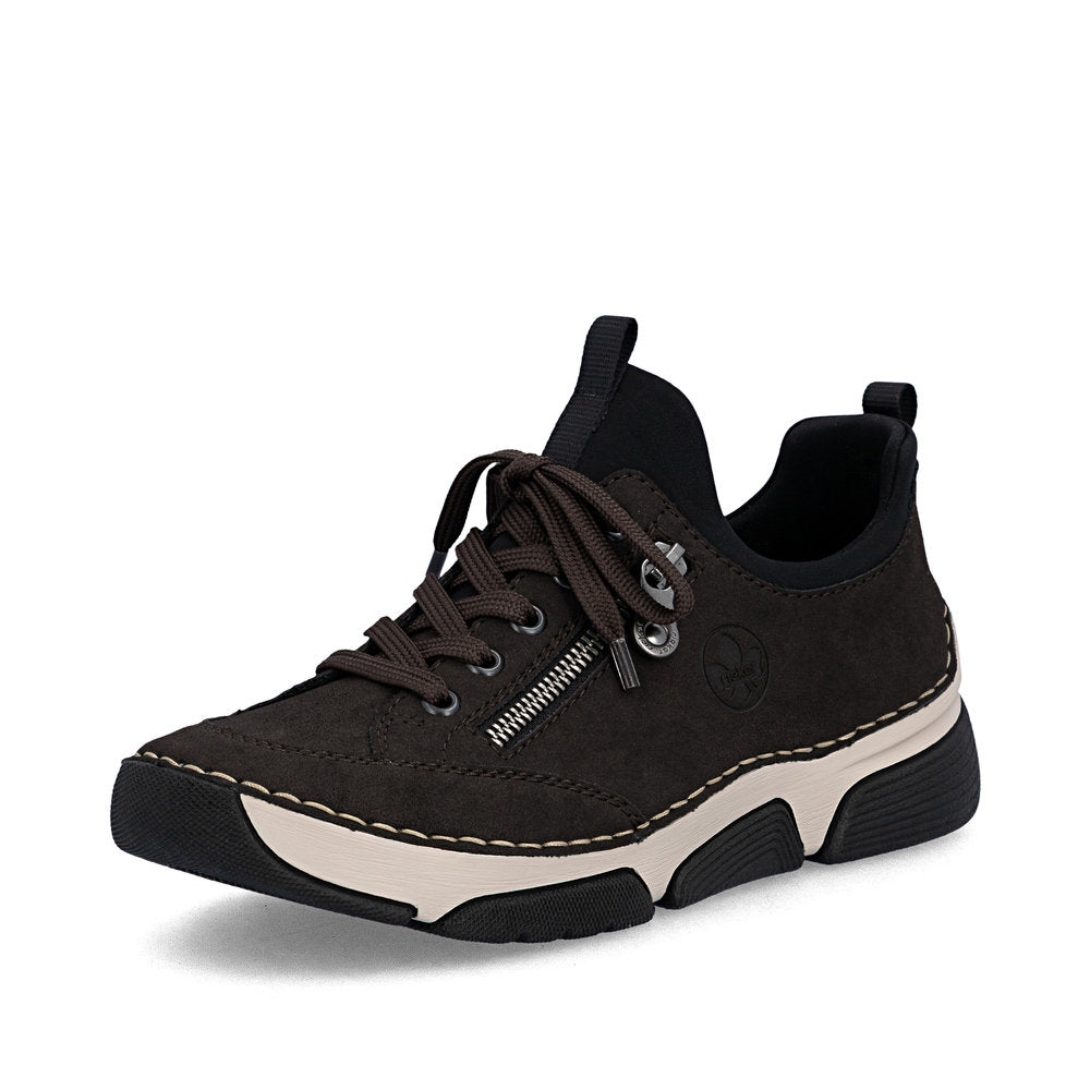 Rieker 45973-25 women's black elasticated shoes, front three-quarter view.