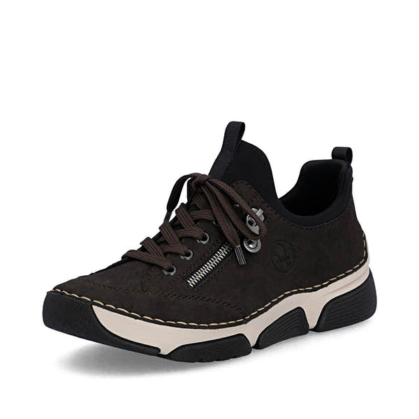 Rieker 45973-25 women's black elasticated shoes, front three-quarter view.