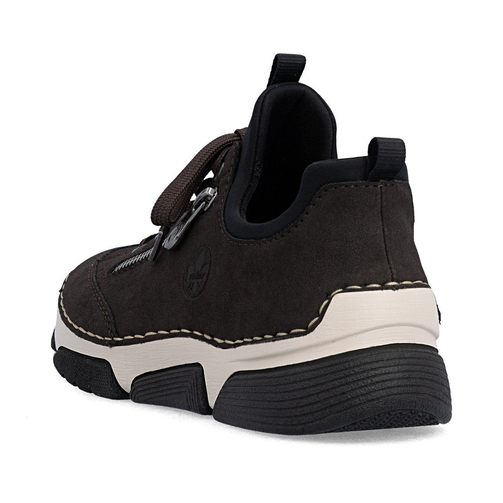 Rieker 45973-25 women's black elasticated shoes, rear three-quarter view.