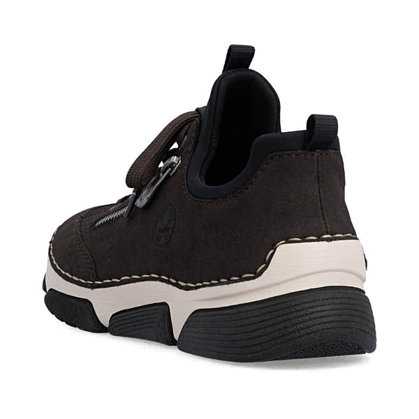 Rieker 45973-25 women's black elasticated shoes, rear three-quarter view.