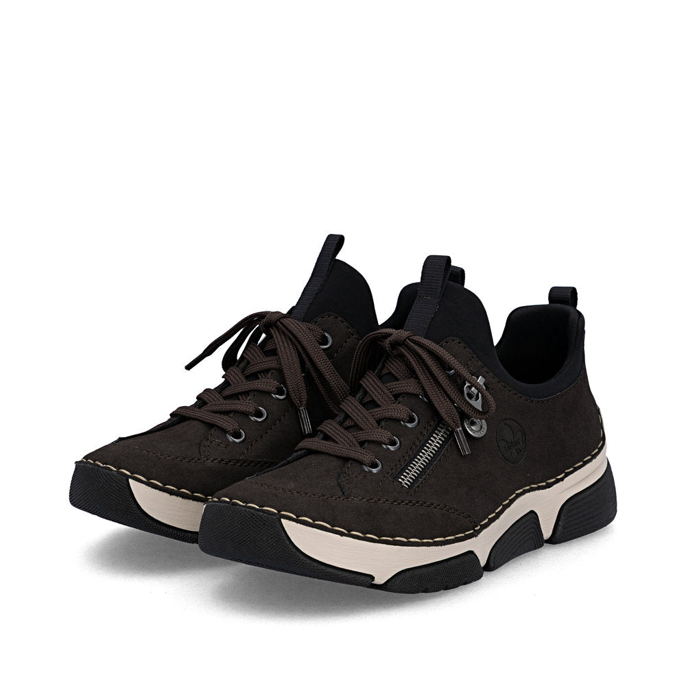Rieker 45973-25 women's black elasticated shoes, paired three-quarter view.