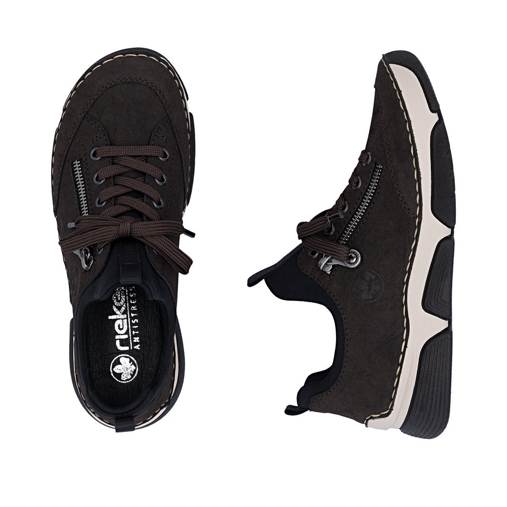 Rieker 45973-25 women's black elasticated shoes, two-angle product view.