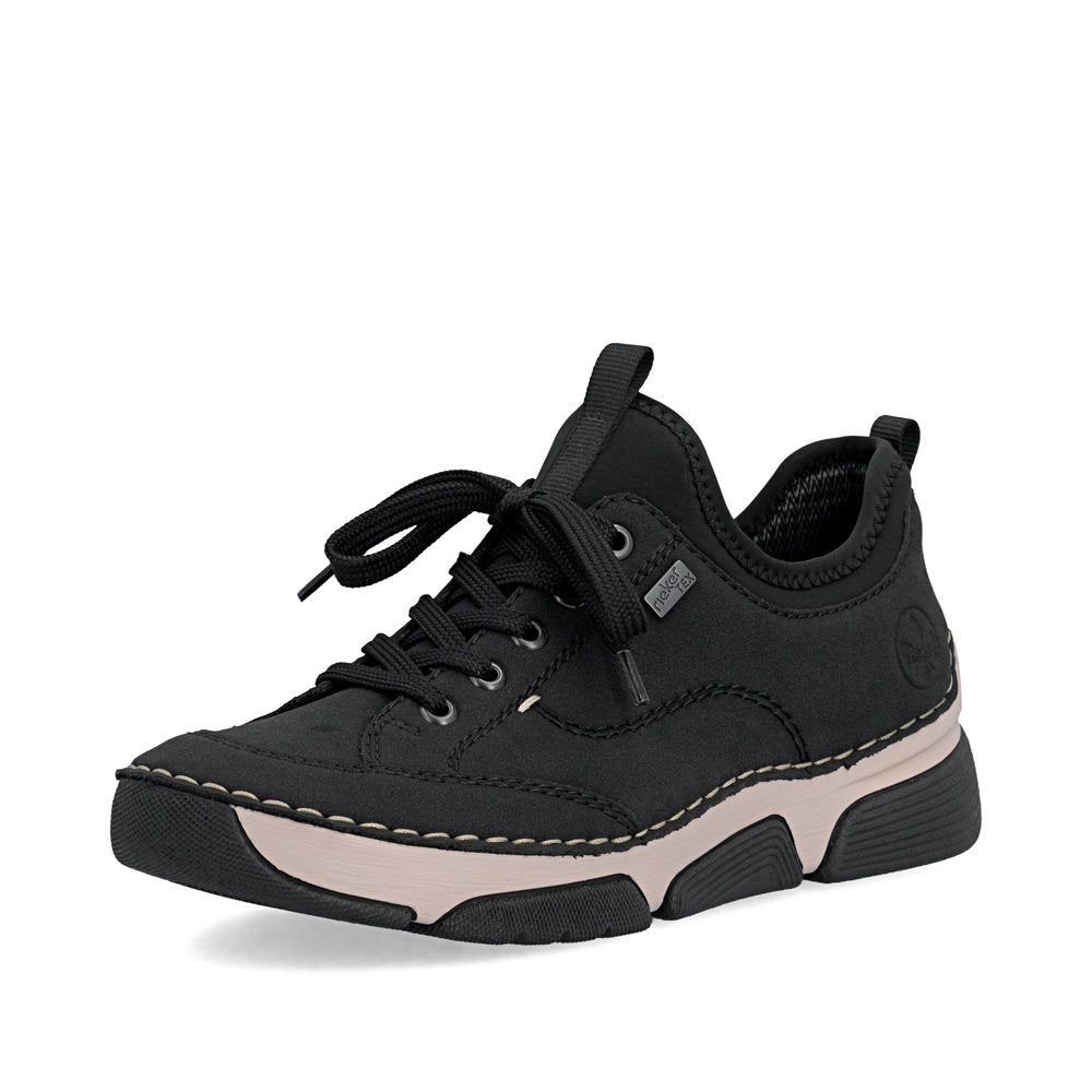 Rieker 45976-00 women's black suede water resistant elasticated shoes, front three-quarter view.